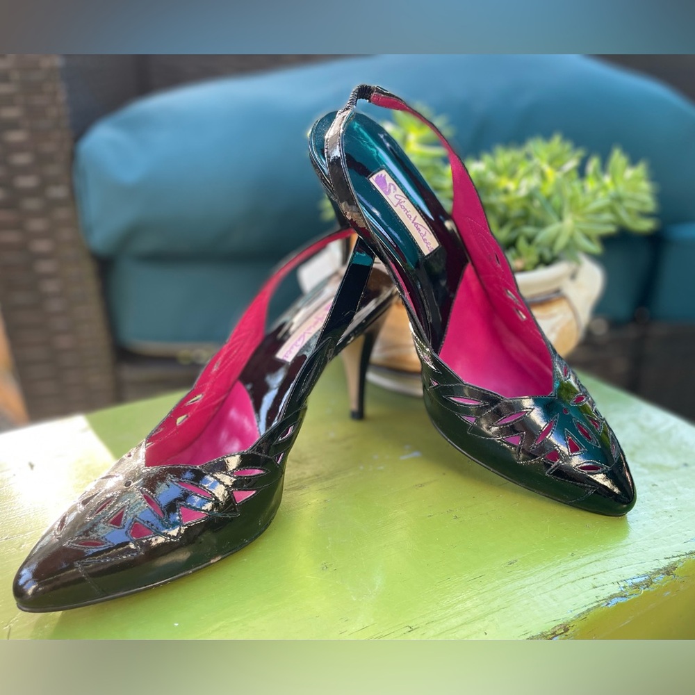 Gloria Vanderbilt Vintage Naughty Black Patent Sling Back Heels 10